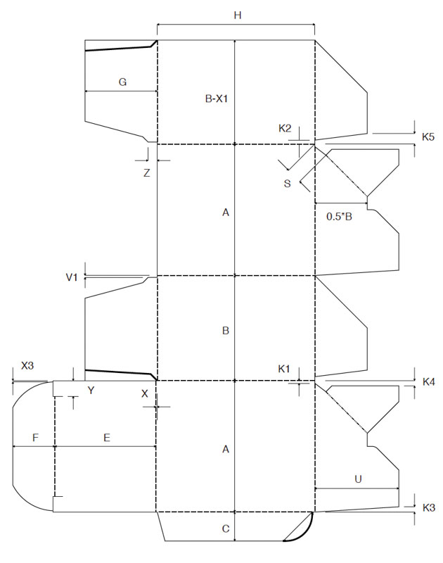 Faltschachtel Verpackung ECMA A6020 1 mit Automatikboden technische Zeichnung